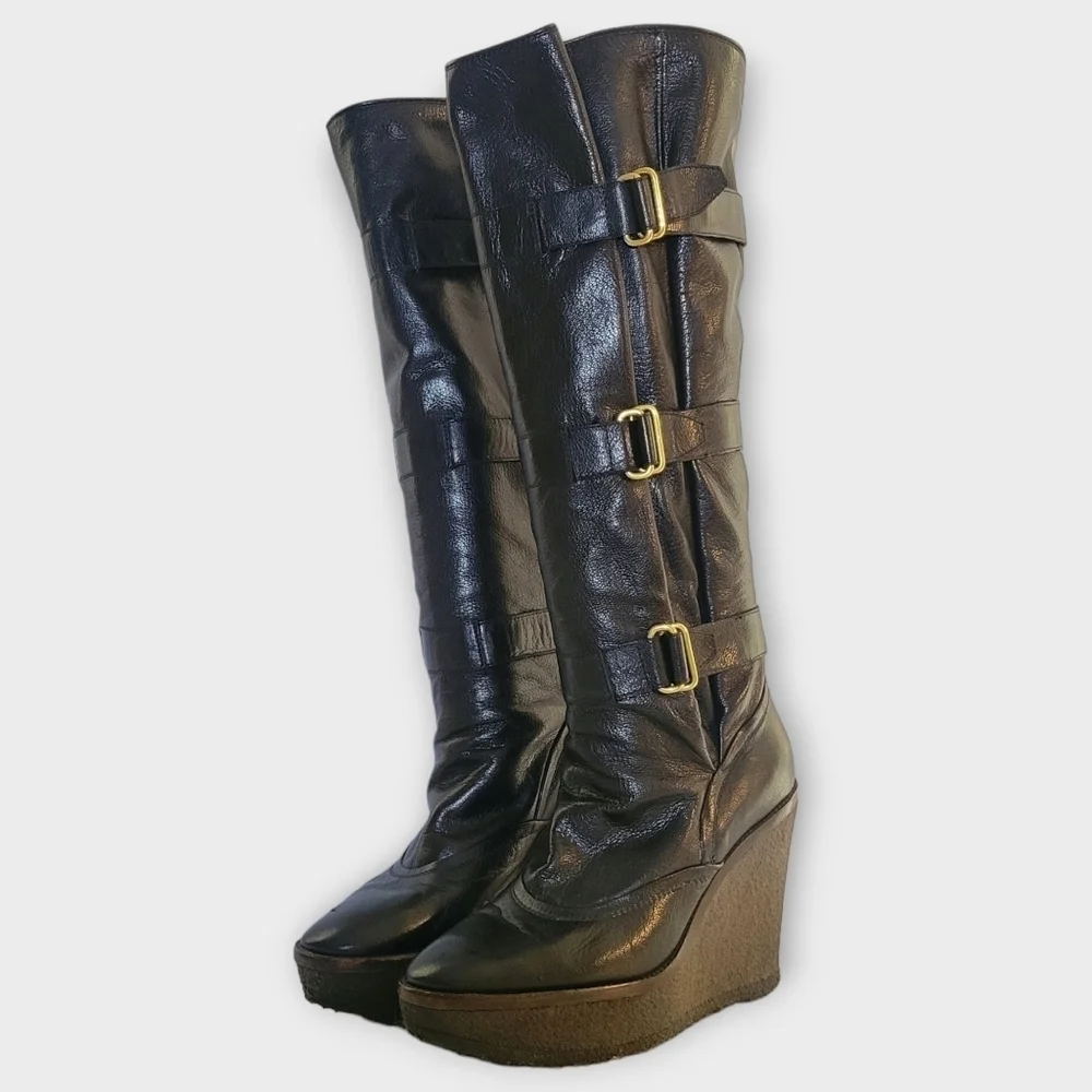 YSL Yves Saint Laurent Tall Black Leather Wedge Boots Vintage 90s Y2K - Picture 4 of 16